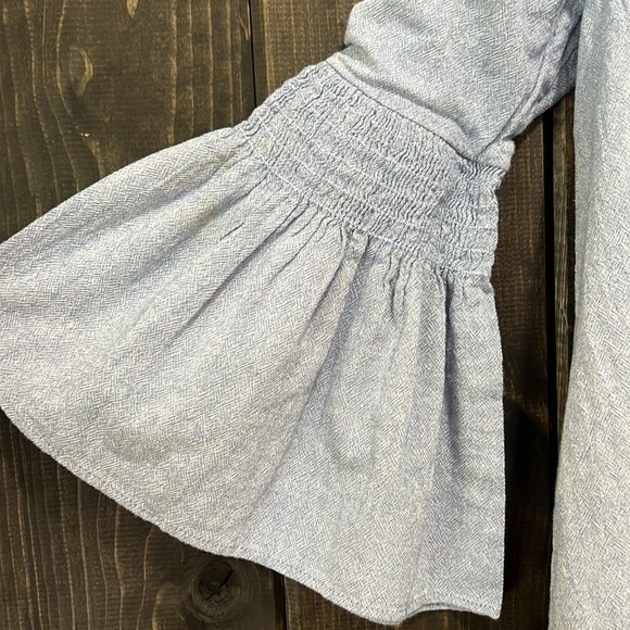 Free People Chambray Mini Dress Romper L Blue Mist Denim Look Boho Flare Sleeves - Picture 6 of 13